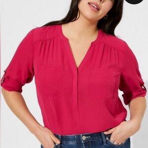 Torrid Harper 3/4 Sleeve Blouse with Pockets, Raspberry Pink, Size 3 (22/24)